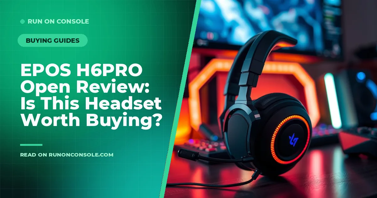 Close‑up of the EPOS H6PRO headset with its aluminum frame and plush ear cushions on a gaming desk