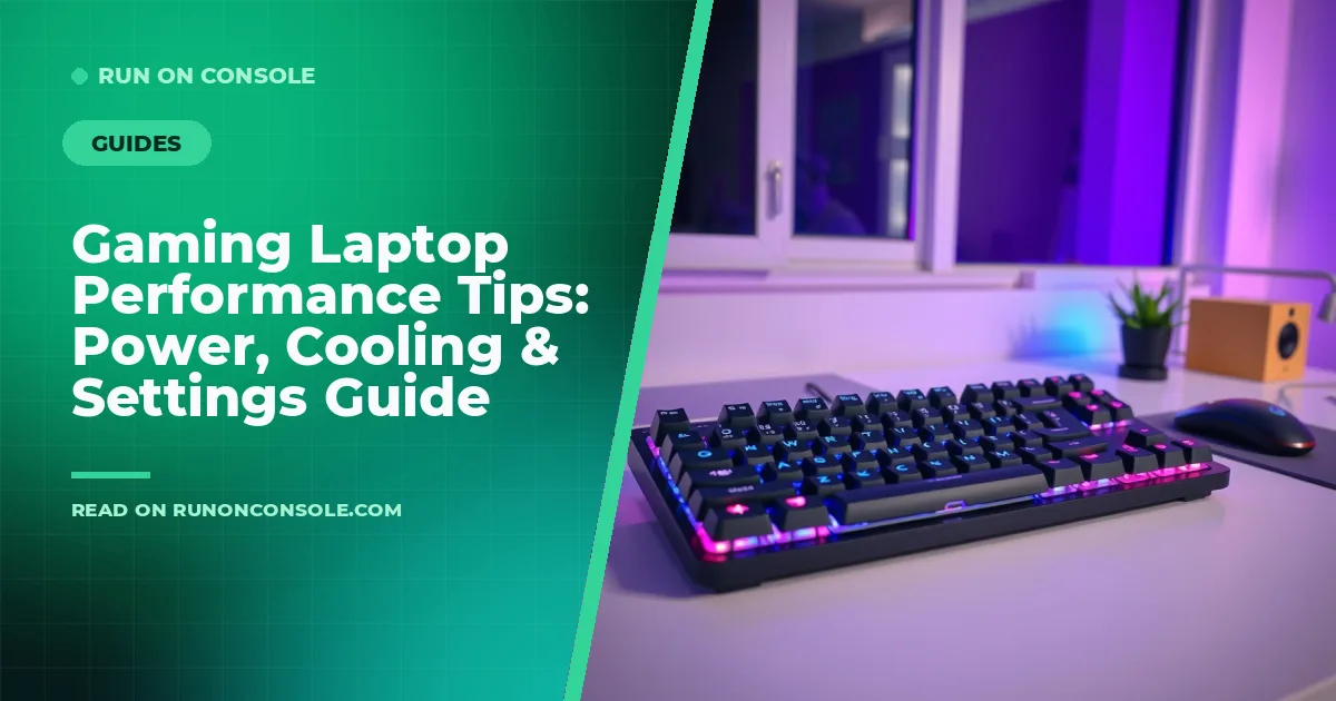 A high‑performance gaming laptop on a desk with a cooling pad and performance graphs on screen