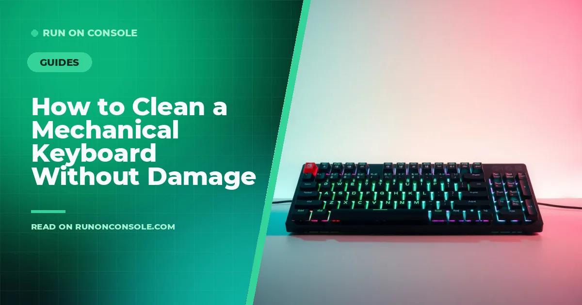 Close‑up of a mechanical keyboard being disassembled for cleaning, with keycaps and a brush visible
