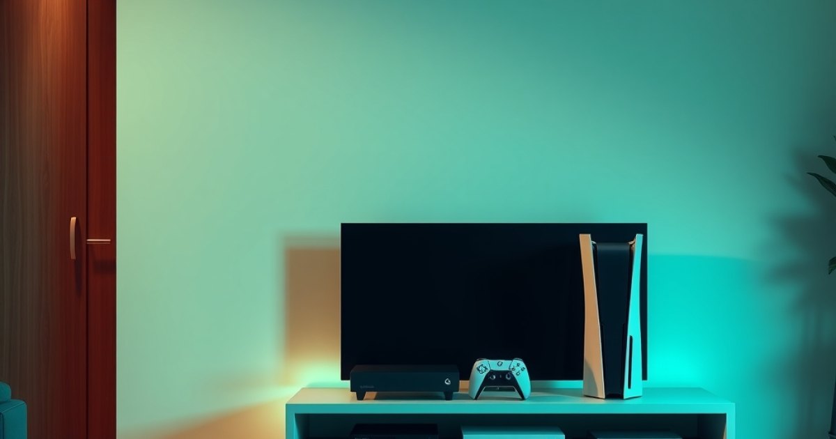 A dimly lit living room with an Xbox console and a PS5 side by side, both showing idle screens